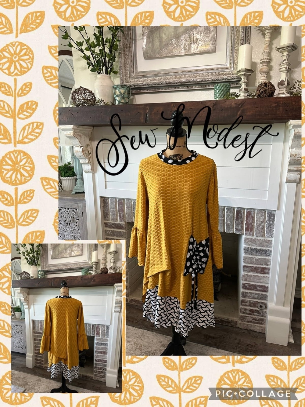 Mustard Textured Layered Tunic with Black & White Pattern